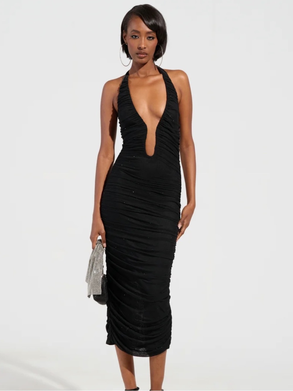 Akira Black Halter Ruched Midi Dress w/ Crystals | Elegant | Evening Wear | Date